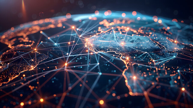 a world map made of glowing lines and nodes, floating in space, connected cities and data streams, powerful and futuristic, ideal for global brand ads, cinematic 16:9 - Powered by Adobe