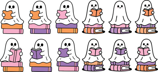 Adorable ghost characters reading books in cute pastel colors for Halloween or story time fun