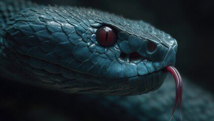 Fototapeta premium Close-up of a venomous snake's head. Deep teal scales, vibrant red eye, and flicking tongue. Dark, moody backdrop