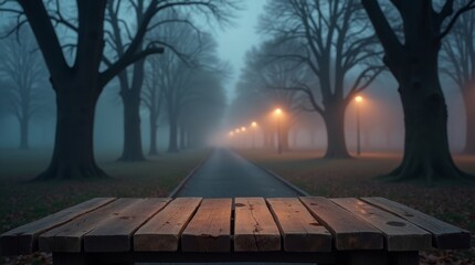 Wooden table in foggy park with glowing lamps trees
