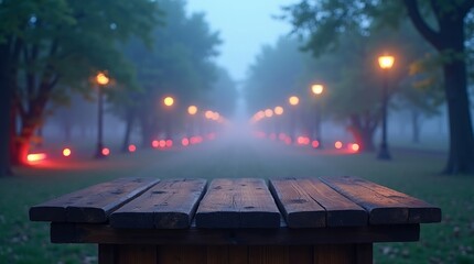 Wooden table in foggy park with glowing lamps image