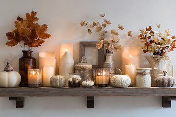 Warm autumn mantelpiece decor with flickering candles, pumpkins, and fall leaves creates cozy seasonal ambiance for home.