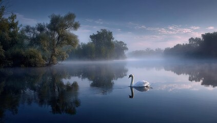 Serene swan on a misty morning lake. Lush trees line the tranquil water's edge, reflected perfectly in the calm surface.  Soft morning light bathes the scene in a peaceful ambiance