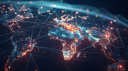 a world map made of glowing lines and nodes, floating in space, connected cities and data streams, powerful and futuristic, ideal for global brand ads, cinematic 16:9