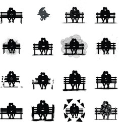 Romantic couple sitting on park bench silhouette set, love relationship vector design for Valentine's Day, dating, affection, emotional moments.