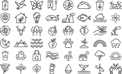 Collection of hand drawn icons representing nature ecology and sustainability