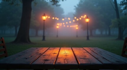Wooden table in park with glowing lights and fog evening