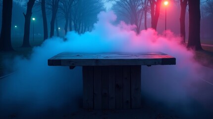 Wooden table in park with blue and pink smoke blue smoke