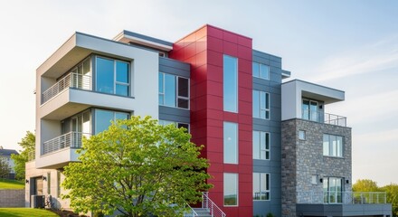 Modern residential building with striking red vertical accent and large windows