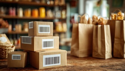 Stacked cardboard boxes with barcode labels sit on a wooden table in a store, surrounded by brown paper bags