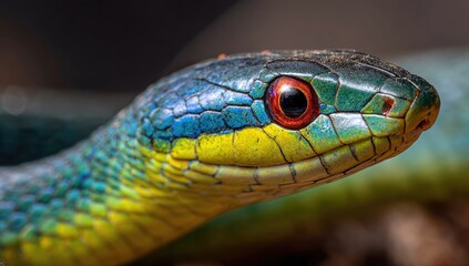 Close-up of a vibrant snake's head.  Bright colors,  scales visible.  Intense red eye