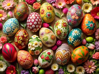 A colorful collection of decorated easter eggs with floral patterns and designs, arranged on a table