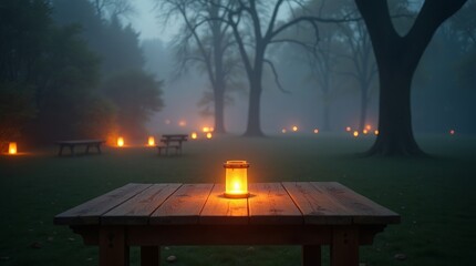 Wooden table with lantern in foggy park with glowing lights image
