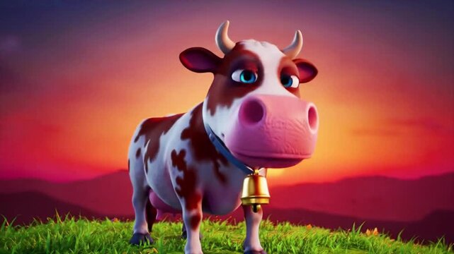 A cute cartoon dairy cow character in a 3D animation style standing on a grassy hill at sunset