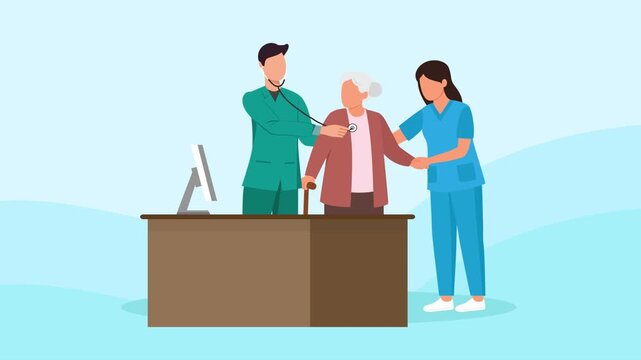 animated video of nurse helping grandmother while being checked by doctor. Doctor and Patient concept. Full length animation illustration. High quality 4k footage