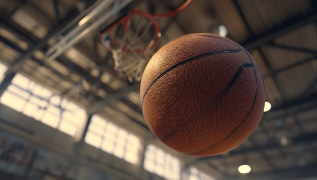 Basketball hanging in a hoop