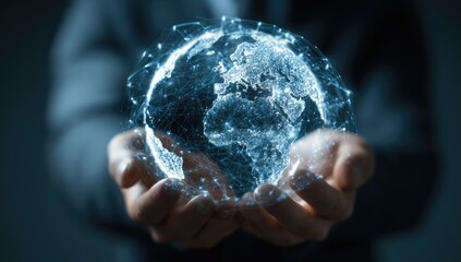A digital globe, seemingly holographic, is held within cupped hands
