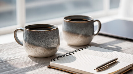 Modern Home Office with Coffee Cups, Notebook, and Laptop in Bright Minimal Workspace