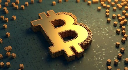 Golden bitcoin symbol made of small cubes on a dark technological background