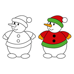 Christmas Snowman Vector Illustration. Colored and Outline Version. This charming winter themed design is ideal for Christmas cards, holiday decorations.