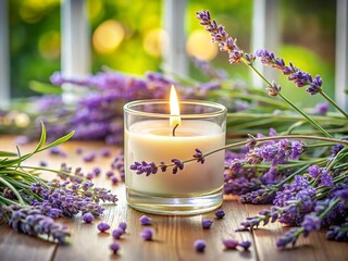 Aromatic candle surrounded by lavender flowers creates a relaxing and peaceful atmosphere with soft light