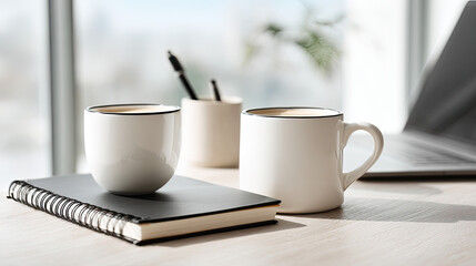 Fototapeta premium Modern Home Office with Coffee Cups, Notebook, and Laptop in Bright Minimal Workspace