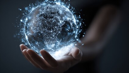 A hand holds a digital, glowing globe, connected by a network of lines