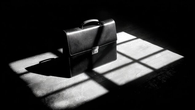 Black briefcase in shadows, sunlit by a window