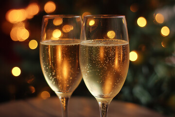 Two wine glasses filled with champagne on a table