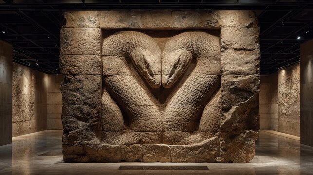 Museum display of an ancient two-headed snake fossil emerging from stone with dramatic lighting.