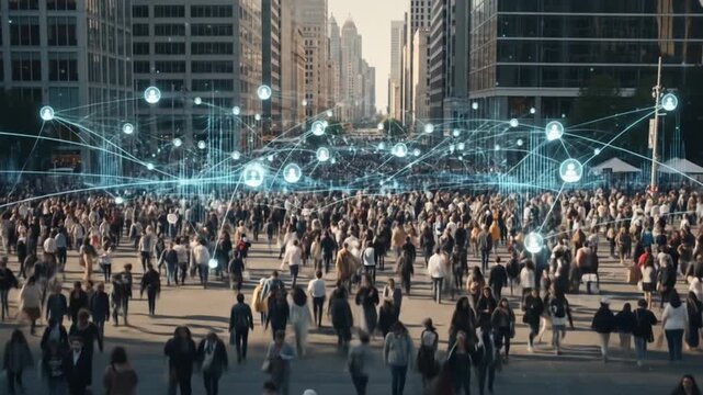 Crowded City Square with Digital Network Overlay: Connectivity and Urban Life