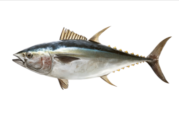 Image of a tuna fish full body side view on a white background detailed photographic style hyperrealistic in appearance
