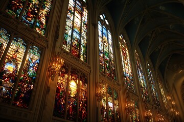 Obraz premium Sunlight shining through colorful stained glass windows in church