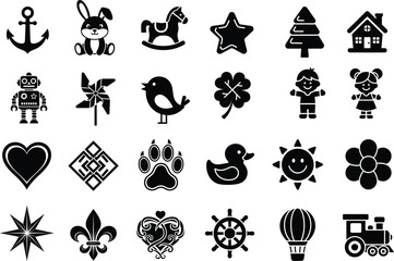 Fototapeta premium Charming Black Silhouette Icons: Playful Objects & Symbols Vector Set