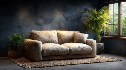 Fototapeta premium A realistic high-definition photo of a neutral-toned living room with plush sofa and rug.