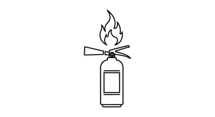Simple line art icon of a fire extinguisher with a flame, symbolizing fire safety.