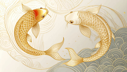 Elegant koi fish with lotus flowers. Gold koi fish in serene water design. Beautiful golden koi fish swimming. Hand-drawn koi fish in delicate style. Symbolic koi fish in gold artwork