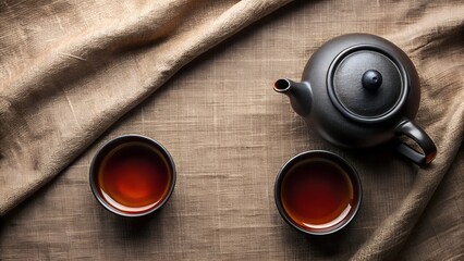 Photo of an overhead shot of a black teapot and two cups of tea on a brown cloth
