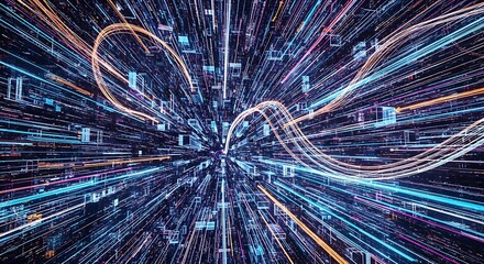 Abstract digital data stream with glowing lines and cubes in a futuristic tunnel