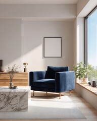 Modern living room with a navy armchair