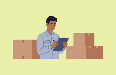 Man taking inventory of cardboard boxes in a warehouse setting
