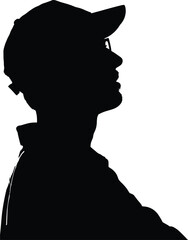 Silhouette of man in cap looking up, profile view illustration, thinking male figure, black shadow vector art, casual person outline