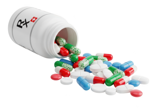 White prescription pill bottle spilling colorful medication capsules and tablets isolated on transparent background