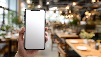 Smartphone held in hand, displayed against a blurred restaurant backdrop