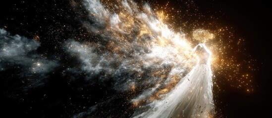 A celestial being, enveloped in swirling, luminous clouds of light and shadow