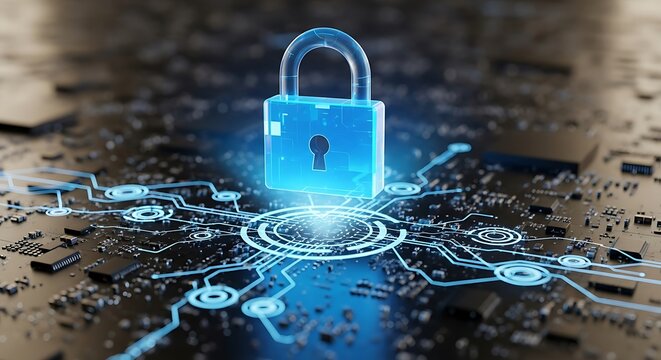 Blue digital padlock on a circuit board with glowing lines and nodes