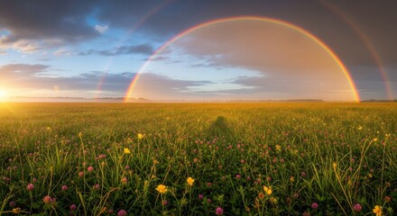 Naklejka premium Majestic Double Rainbow Arcing Over a Vibrant Field of Wildflowers at Sunset