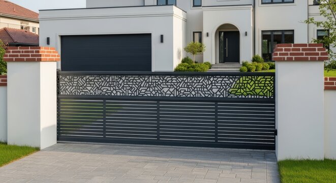 Modern black sliding gate with intricate laser cut top panel enhancing a luxury residence