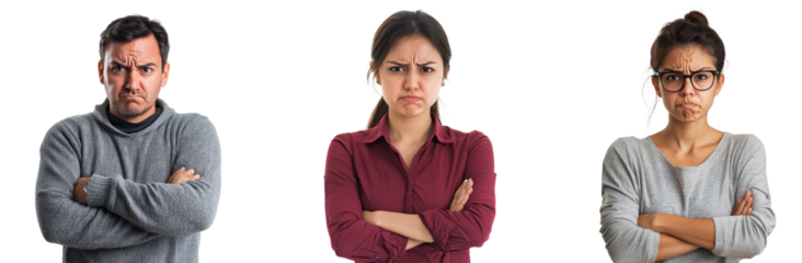 Person frowning with arms crossed isolated on transparent background