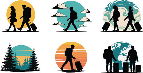 Travelers with luggage vector illustration set, walking tourists in nature and urban backgrounds, adventure and journey concepts, travel lifestyle, vacation scenes